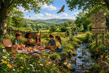 Diverse children enjoy a picnic in a sunny countryside meadow with wildlife and a flowing stream.