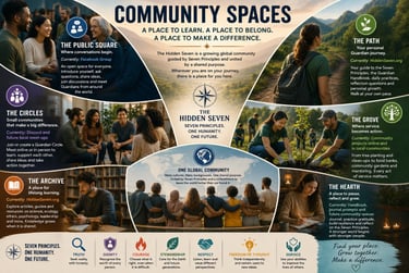 Infographic for The Hidden Seven community spaces including the public square, the path, and one global community.