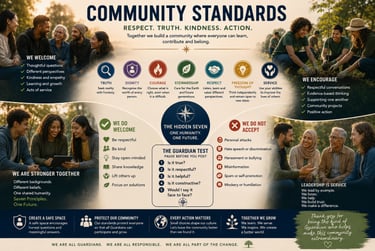 Infographic of community standards and values for a diverse social group, including guidelines for respectful behavior and
