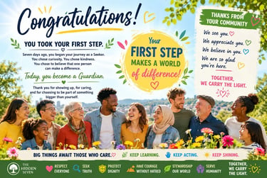 Diverse group of smiling people in a flower field for The Hidden Seven community guardian congratulations message.