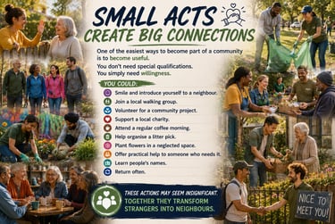 A community poster showing diverse people volunteering, gardening, and connecting with neighbors to build local
