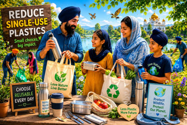 Sikh family using reusable water bottles and cotton bags to reduce single-use plastics for environmental protection.