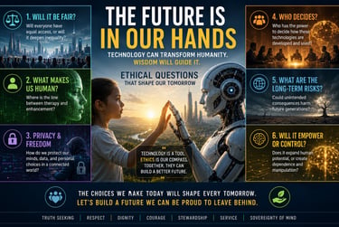 Infographic titled The Future is in Our Hands exploring AI ethics, technology, and humanity with a girl and robot.