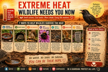 Educational infographic showing seven ways to help wildlife like birds, hedgehogs, and foxes survive extreme heatwaves.