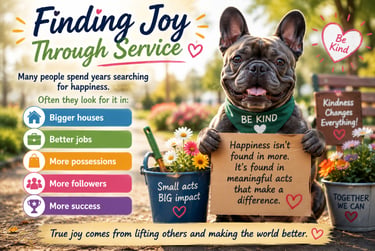 A cheerful French bulldog holding an inspirational sign about finding joy through service and kindness.