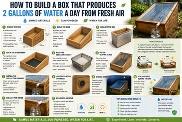 Step-by-step infographic guide on how to build a solar-powered atmospheric water generator box using desiccant.