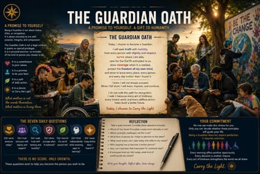 An educational infographic poster titled The Guardian Oath featuring diverse people collaborating outdoors with values for