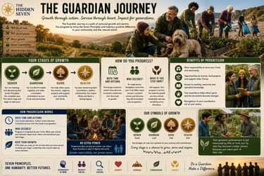 The Guardian Journey infographic showing stages of personal growth, community service principles, and leadership development.