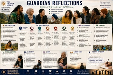 Infographic titled Guardian Reflections featuring self-improvement questions about community, leadership, and personal