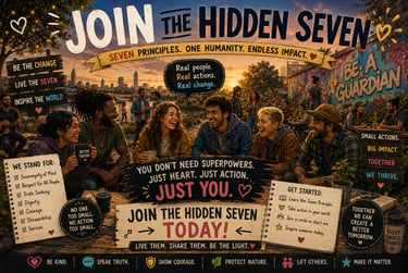 A diverse group of friends smiling at an outdoor gathering with Join the Hidden Seven community posters and positive values.