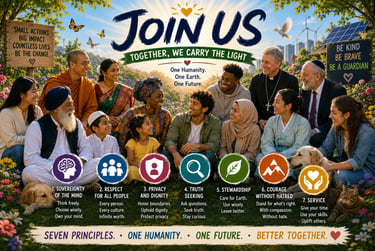Diverse group of people from various faiths and cultures gathering outdoors for humanitarian unity and global peace.