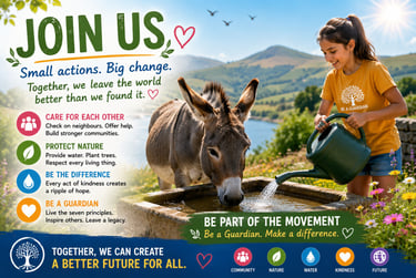 A girl waters a donkey at a stone trough with a scenic mountain backdrop and community values text.