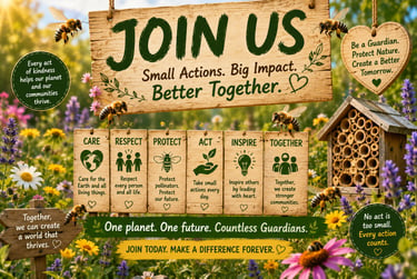 Environmental conservation poster with bees, wildflowers, and wooden signs encouraging community action for nature.