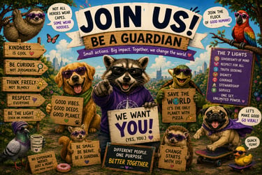 A vibrant poster featuring animals wearing sunglasses holding signs with motivational slogans like Be a Guardian.
