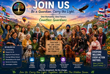 Diverse group of global guardians smiling in a vibrant landscape with a Tree of Life logo and motivational text.