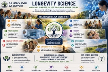 Infographic detailing Longevity Science and the Seven Principles including service, respect, and dignity for a better future.