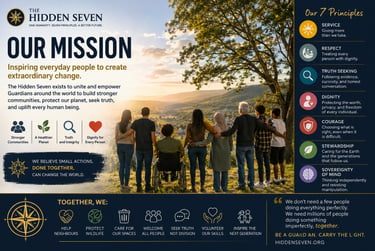 Infographic for The Hidden Seven mission and seven principles showing a diverse group looking at a sunset landscape.