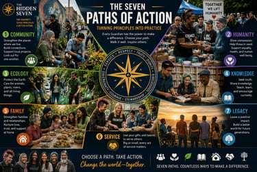 An infographic titled The Seven Paths of Action showcasing community service, ecology, and humanitarian aid for global