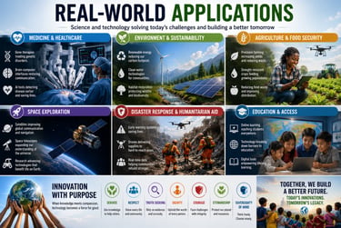 Infographic showing real-world applications of technology in medicine, sustainability, agriculture, and education.