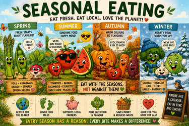 Seasonal eating chart with cute cartoon vegetables showing seasonal produce for spring, summer, autumn, and winter.
