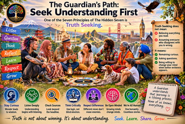 Diverse group sitting in a circle practicing truth seeking and mindful listening near global landmarks.