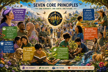 Infographic of Seven Core Principles for humanity featuring diverse people in a sustainable, utopian garden community.