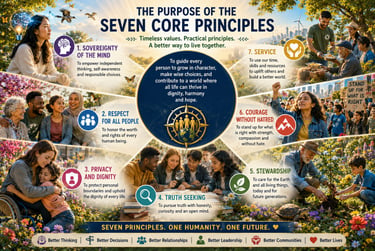 Infographic showing the Seven Core Principles for humanity with illustrations of people practicing community service and