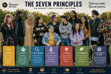 A diverse group of people standing together above a graphic detailing The Seven Principles for humanity.