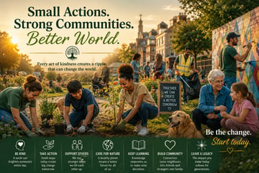 Diverse volunteers planting trees and cleaning a park to build a strong community and better world.
