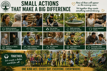 Infographic showing ten small acts of kindness like planting flowers and helping neighbors to create a better world.