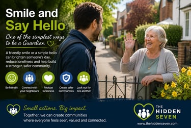 A young man greets a smiling elderly woman over a gate to promote neighborhood community safety.
