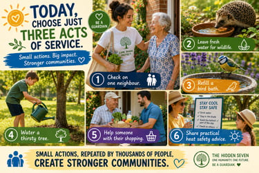 Infographic showing six community acts of service including helping neighbors and caring for local wildlife.