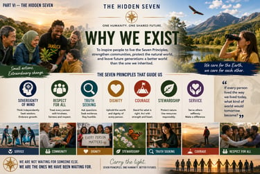 Infographic titled The Hidden Seven displaying seven principles for humanity with photos of community service and nature.