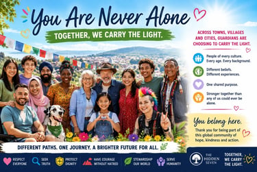 A diverse community group smiling together with the text You Are Never Alone, promoting global unity and kindness.
