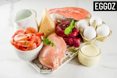 Assortment of high protein foods including raw chicken, beef, salmon, shrimp, eggs, and cheese.