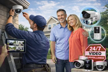 Technician installing security cameras on a family home.