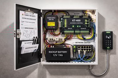 Access control panel with KT-400 controller, power supply, backup battery, and network switch inside metal enclosure.