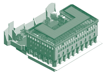 Vista tridimensionale di Palazzo CorteVerdi su Via Verdi nel centro storico di Cremona