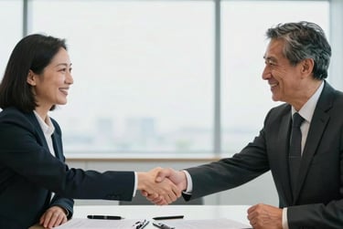 Professional lingerie & sleep dress business partners shaking hands after a successful meeting.