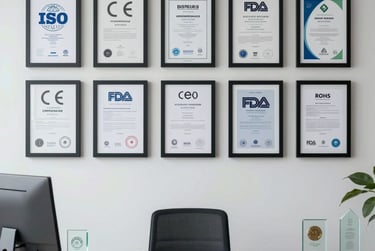 Business office wall displaying framed ISO, CE, and FDA certification documents lingerie certificate