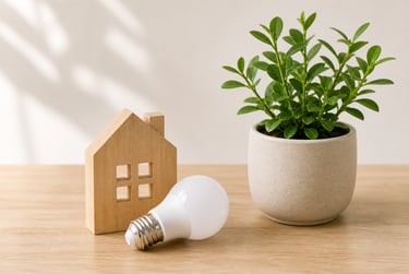 LED light bulb , plant, and wooden house