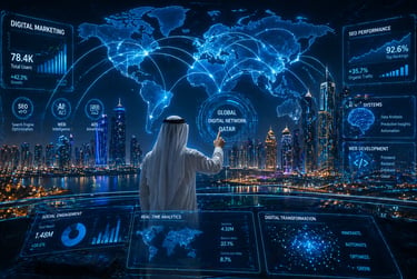 A man in Qatar analyzing global digital marketing data and SEO performance on a futuristic holographic interface.