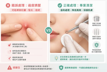 錯誤與正確處理對比圖 左邊:過度擠壓(紅腫、發炎) 右邊:專業清潔(溫和處理、消毒工具)