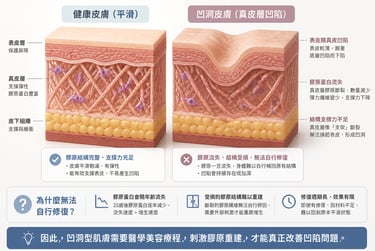 皮膚橫切面示意圖 健康皮膚(平滑) 凹洞皮膚(真皮層凹陷)