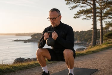 Entrainement fonctionnel d'un exercice de squat avec une kettlebell au bord du Golfe à Sarzeau