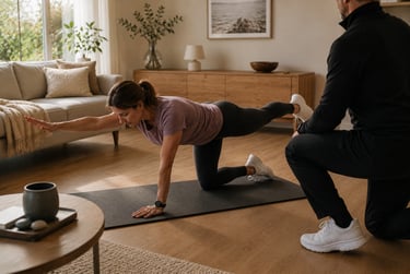 Coach sportif à domicile accompagnant une femme de plus de 45 ans lors d’un exercice de mobilité et gainage à Sarzeau.
