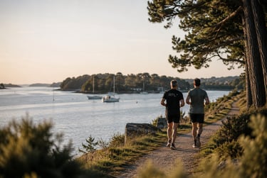 Coach et son client en séance de récupération intelligente au bord du golfe du Morbihan