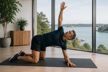 Homme en exercice de mobilité thoracique : Thread The Needle.