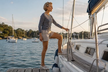 Femme active de 55 ans montant à bord d'un voilier dans le Golfe du Morbihan, illustrant la mobilité des chevilles.
