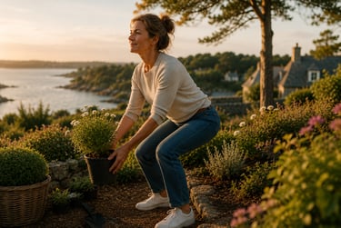 Mobilité des hanches après 40 ans lors d'un mouvement de jardinage en position accroupie.